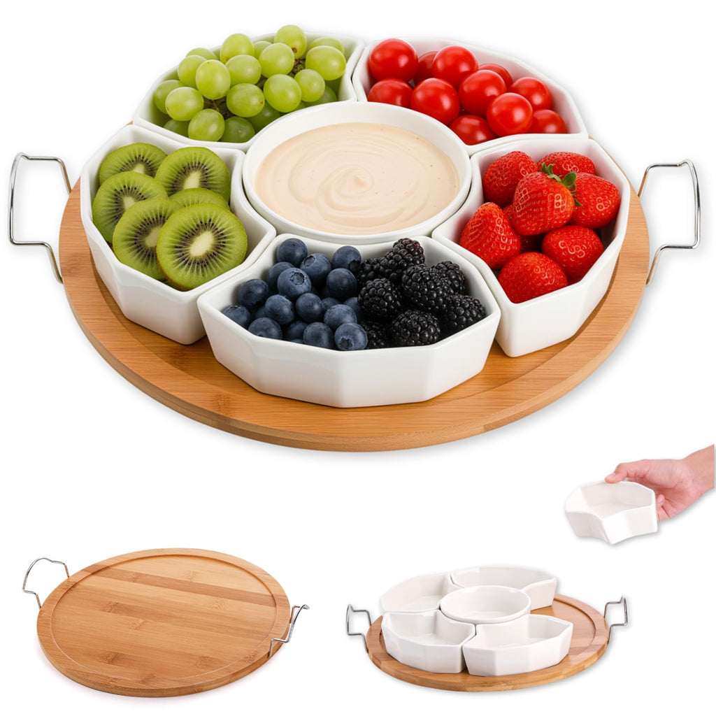 ZENFUN 11 Inch Ceramic Serving Tray and Platter, Divided Dip Bowls with Handles, 6-Compartment Removable Appetizer Snack Bowls, Round Sectional Serving Platter for Chips and Dip, Fruits, Condiment