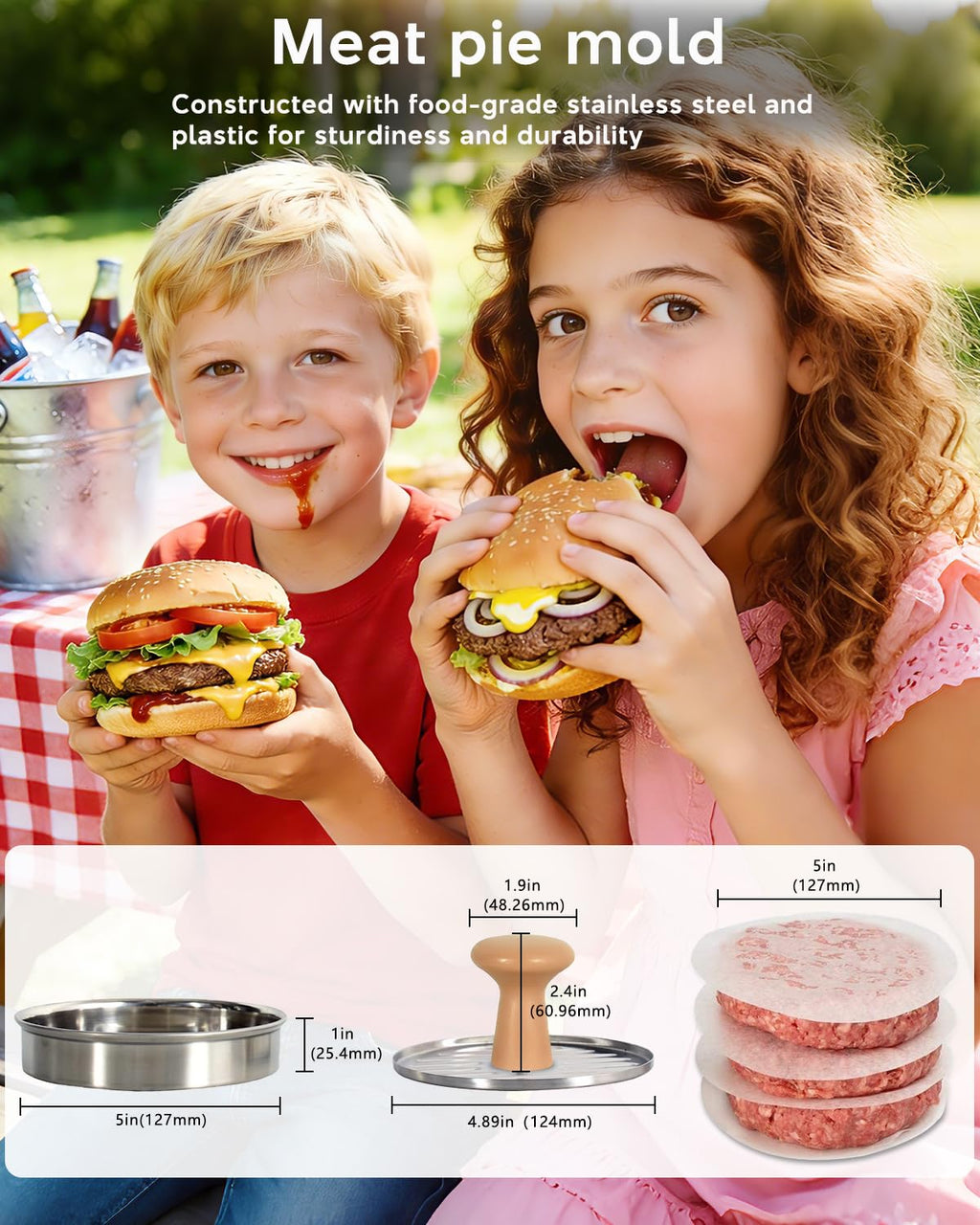 Burger Press, 5”Stainless Steel Hamburger Press Patty Maker, Non-Stick Hamburger Press for Making Patties, for Grilling and Cooking, Comes with 100 Pieces of Wax Paper