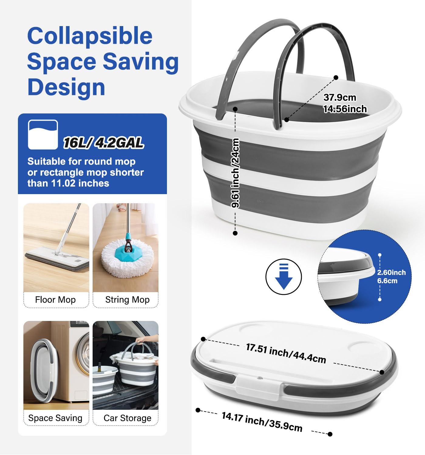 Zonopy Upgraded 16L Collapsible Mop Bucket with Multi-Functional Lid, 4-in-1 Foldable Silicone Tub with Table Surface, Floor Stand, Space Saving 4.2 Gallon Storage Solution for Home & Outdoor