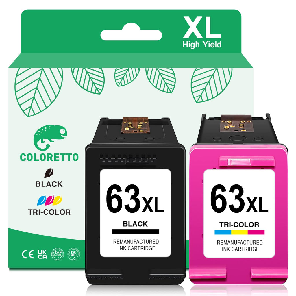 COLORETTO 63 XL 63XL Ink Cartridge Compatible with HP Officejet 3830 4650 3833 4516 4520 4522 4652 5255 5200 5222 Envy 4516 4522 Deskjet 3630 3632 2132 Printer 1 Black 1 Color 2-Pack