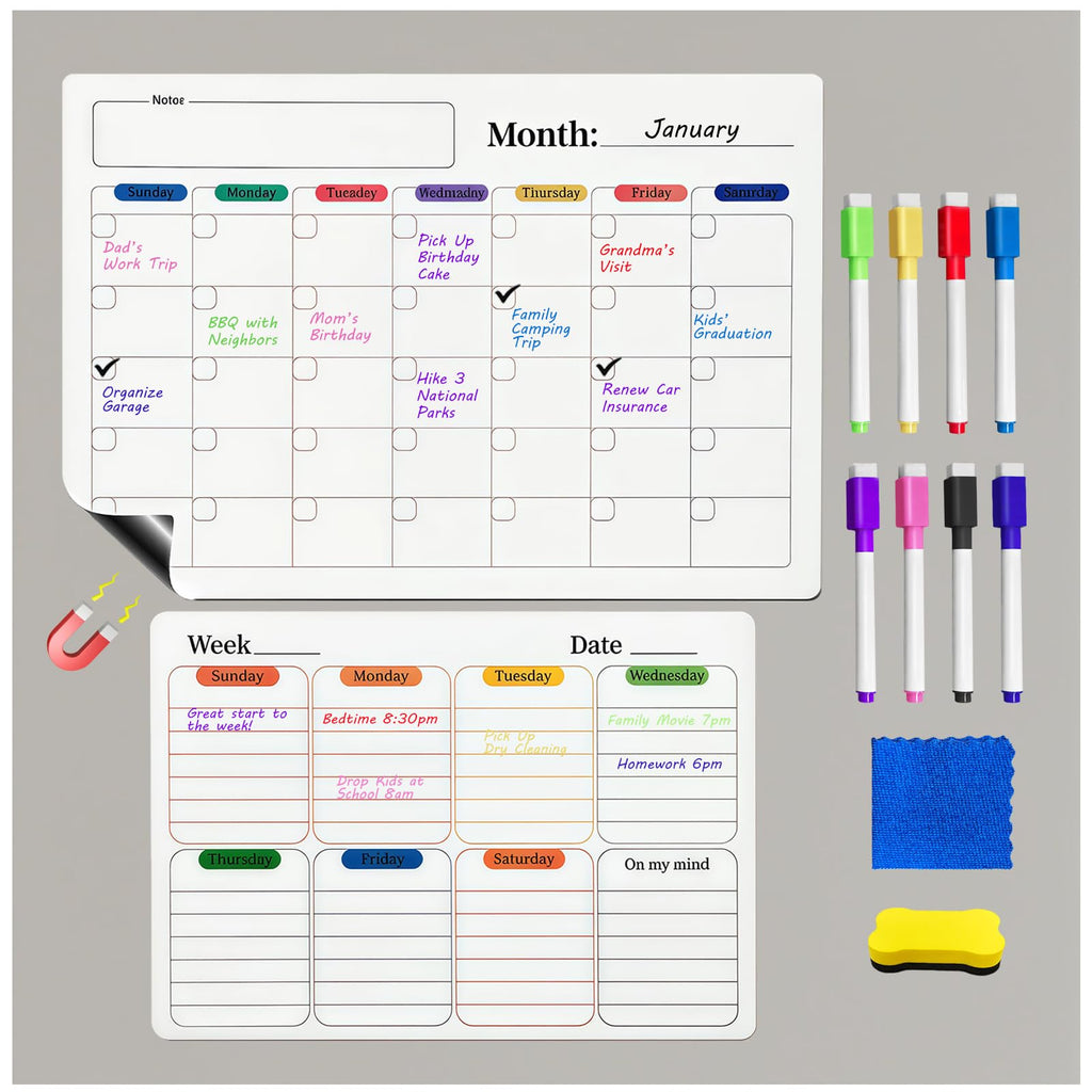 Dry Erase Magnetic Calendar Refrigerator - 2PCS Set A3 A4 Size Planner, No Ghosting, Strong Magnet, Easy Clean, Whiteboard Calendar with Eraser Cloth, Planner for Office Home Refrigerator Iron Door