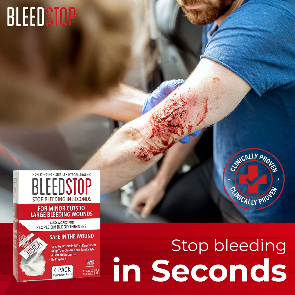 BleedStop First Aid Powder for Blood Clotting, Trauma Kit, Blood Thinner Patients, Camping Safety, and Survival Equipment for Moderate to Severe Bleeding Wounds or Nosebleeds 5 Pack 15g