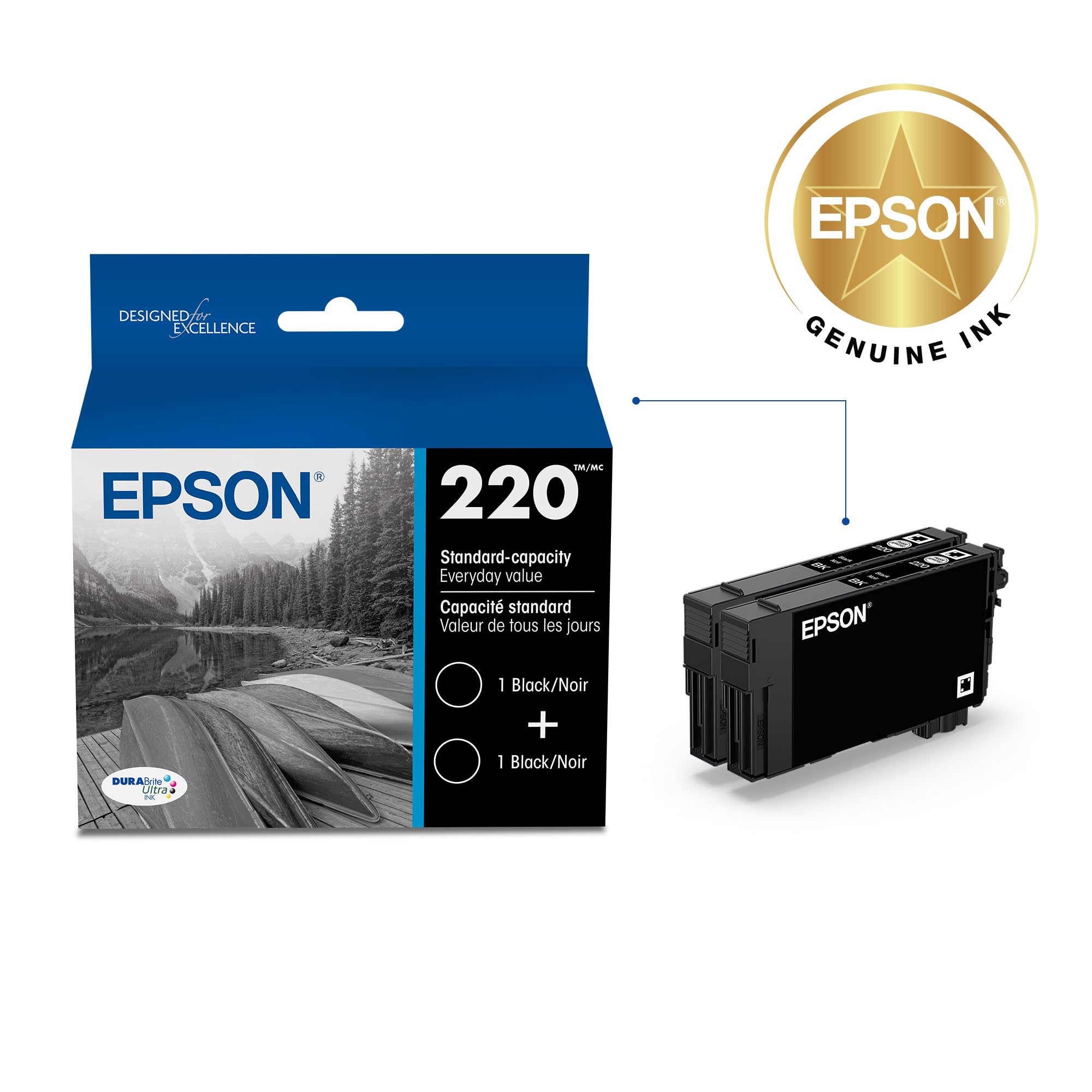 EPSON 220 DURABrite Ultra Ink Standard Capacity Black Dual Cartridge Pack (T220120-D2) Works with WorkForce WF-2630,2650, 2660, 2750, 2760 and Expression XP-320,420, 424