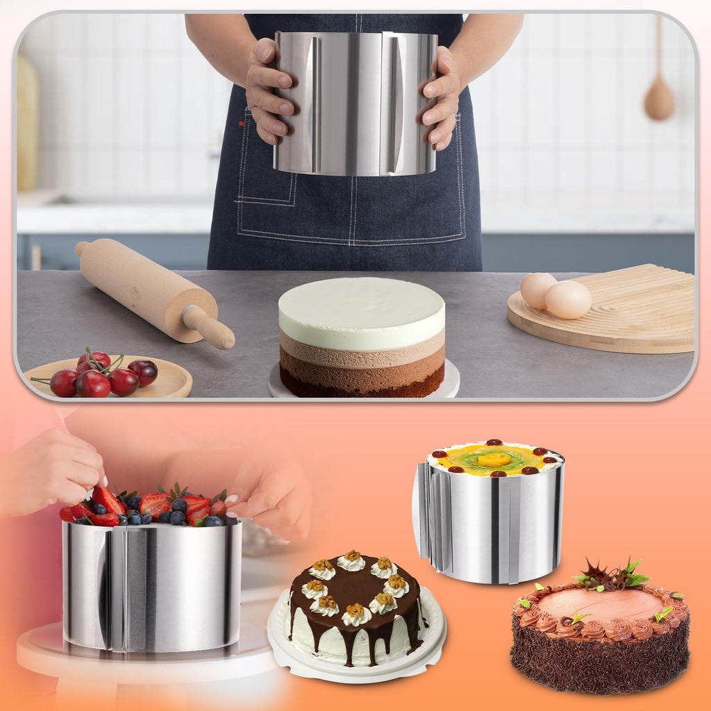 HOMEE Adjustable Stainless Steel Cake Ring 6 to 12 Inches, 6 inch High Stainless Steel Baking Rings, Round Cake Molds, Cake Mousse Mould with Precise Scaling Inside