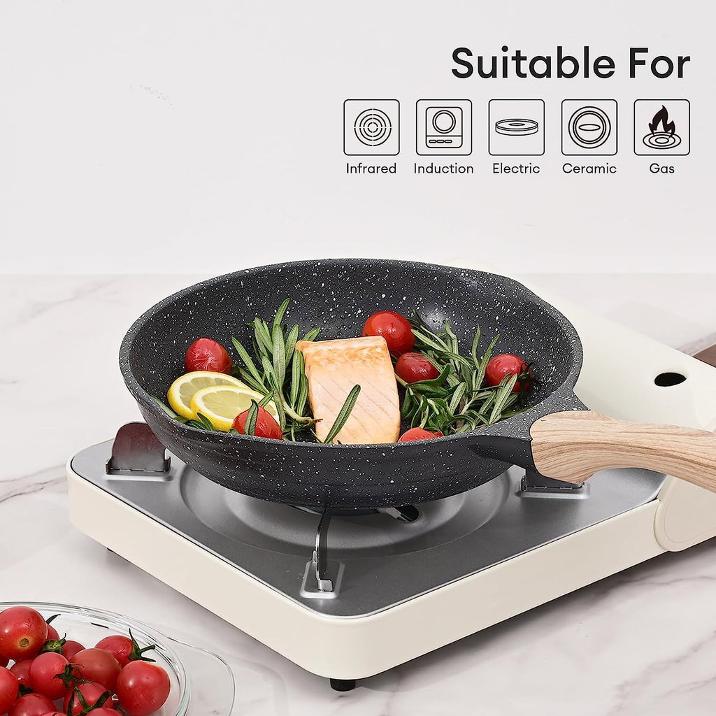 JEETEE 8 inch Nonstick Frying Pan Granite Stone Coating Cookware, Nonstick Omelette Skillet with Soft Touch Handle, All Stove Induction Compatible (Gray)