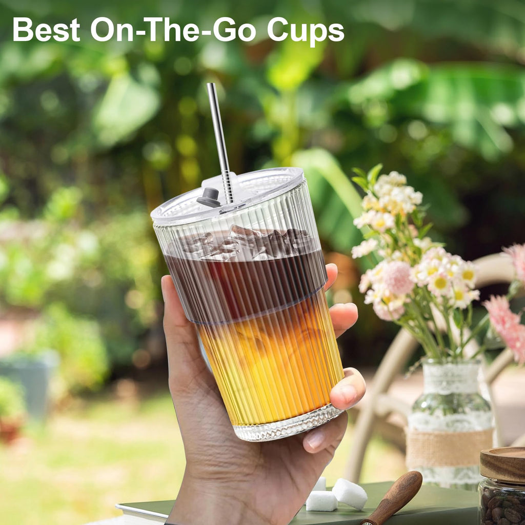 VAIIGO 16 OZ Iced Coffee Cup, Reusable Plastic Coffee Cups with Lids and Straws, Unbreakable Plastic Drinking Glasses Iced Coffee Glass to Go Coffee Cups, BPA Free, Dishwasher Safe, Set of 4