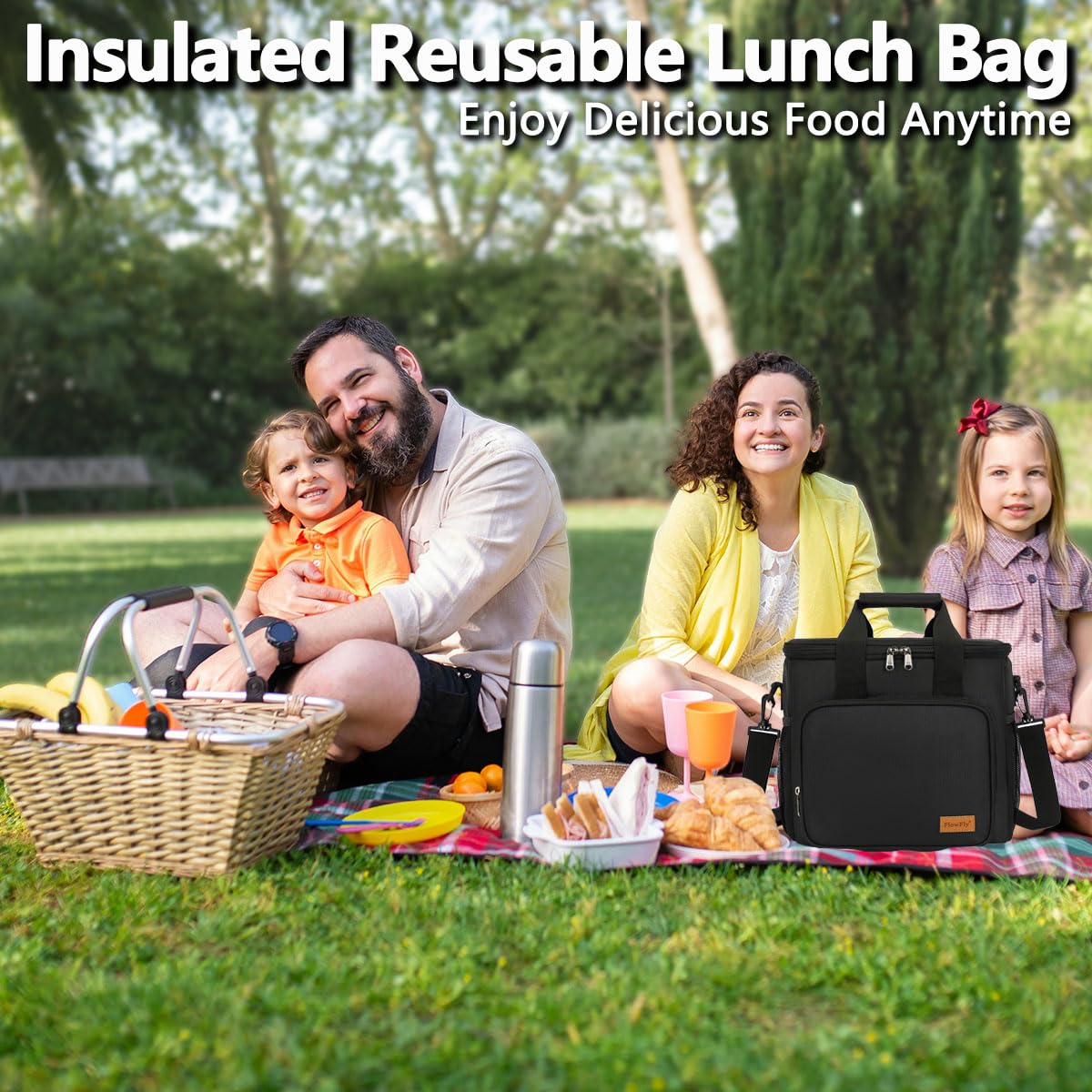 FlowFly Insulated Lunch Bag Adult Lunch Box Large Cooler Tote Bag with Top Handle for Men and Women, with Adjustable Strap, Front Pocket, and Dual Large Mesh Side Pockets, Extra Large(20L), Black