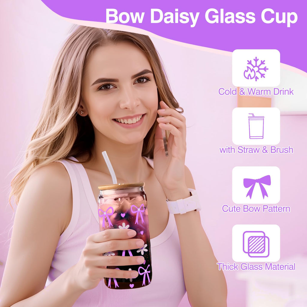 Teen Birthday Gifts for Girls, Birthday Gifts for Teen Girls Women Sister Friends Daughter Niece, 7 Pcs Cute Daisy Bow Glass Cups Back to School Gift Basket for Teenage Girl