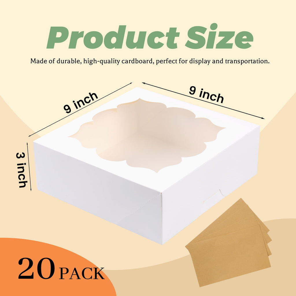 LOKQING 20 Pack Pie Boxes 9x9x3Inch Cake Boxes Bakery Boxes with Window for Pie, Cookies, Donuts, Chocolate Covered Strawberries (White)