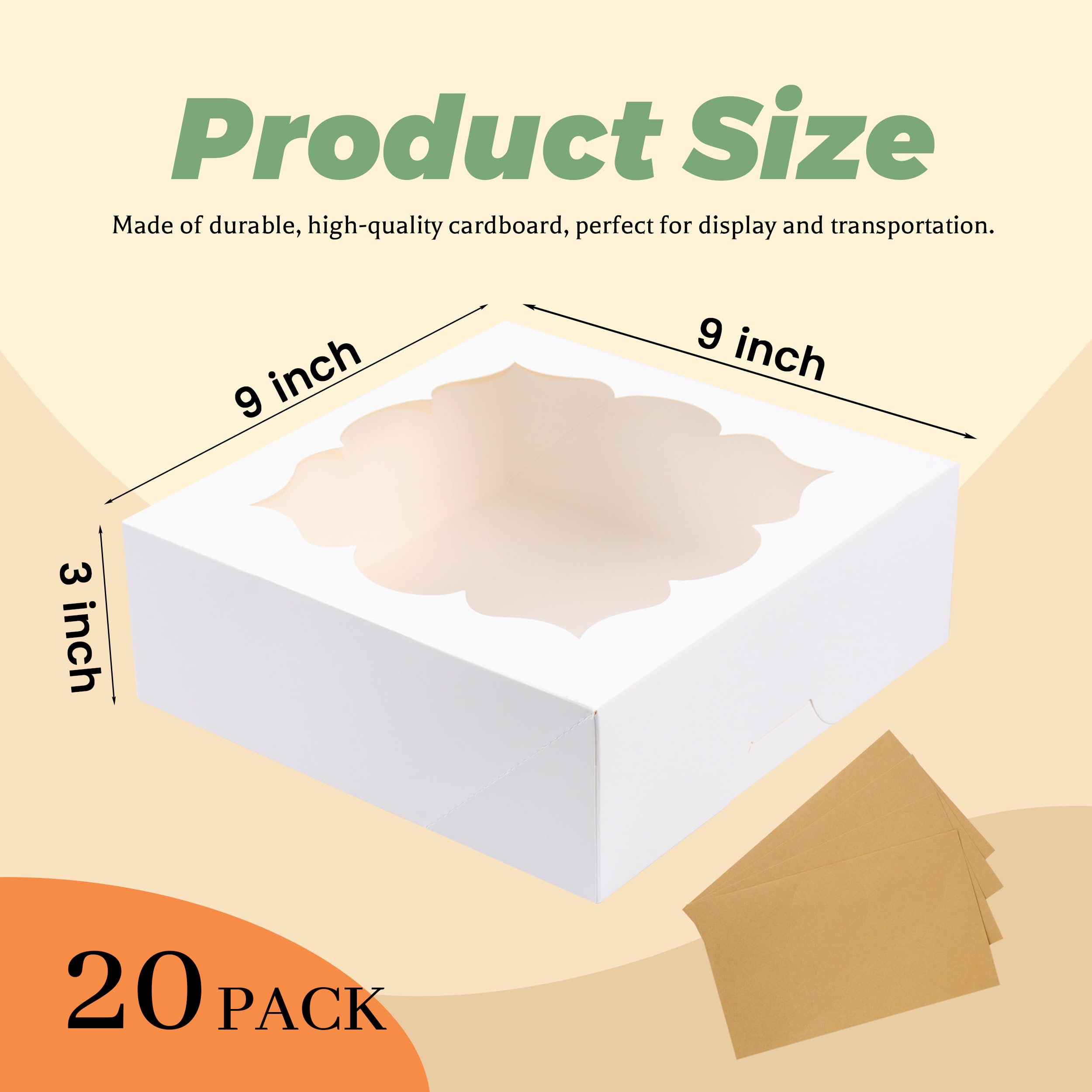 LOKQING 20 Pack Pie Boxes 9x9x3Inch Cake Boxes Bakery Boxes with Window for Pie, Cookies, Donuts, Chocolate Covered Strawberries (White)