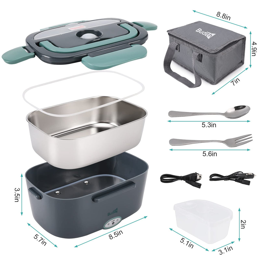 Budth Electric Lunch Box,80W Portable Heated Lunch Box Leak-Proof Food Warmer for Car Truck Home Office, 12V 24V 110V Adapter,with SS Fork & Spoon and Carry Bag (Grey+Green)