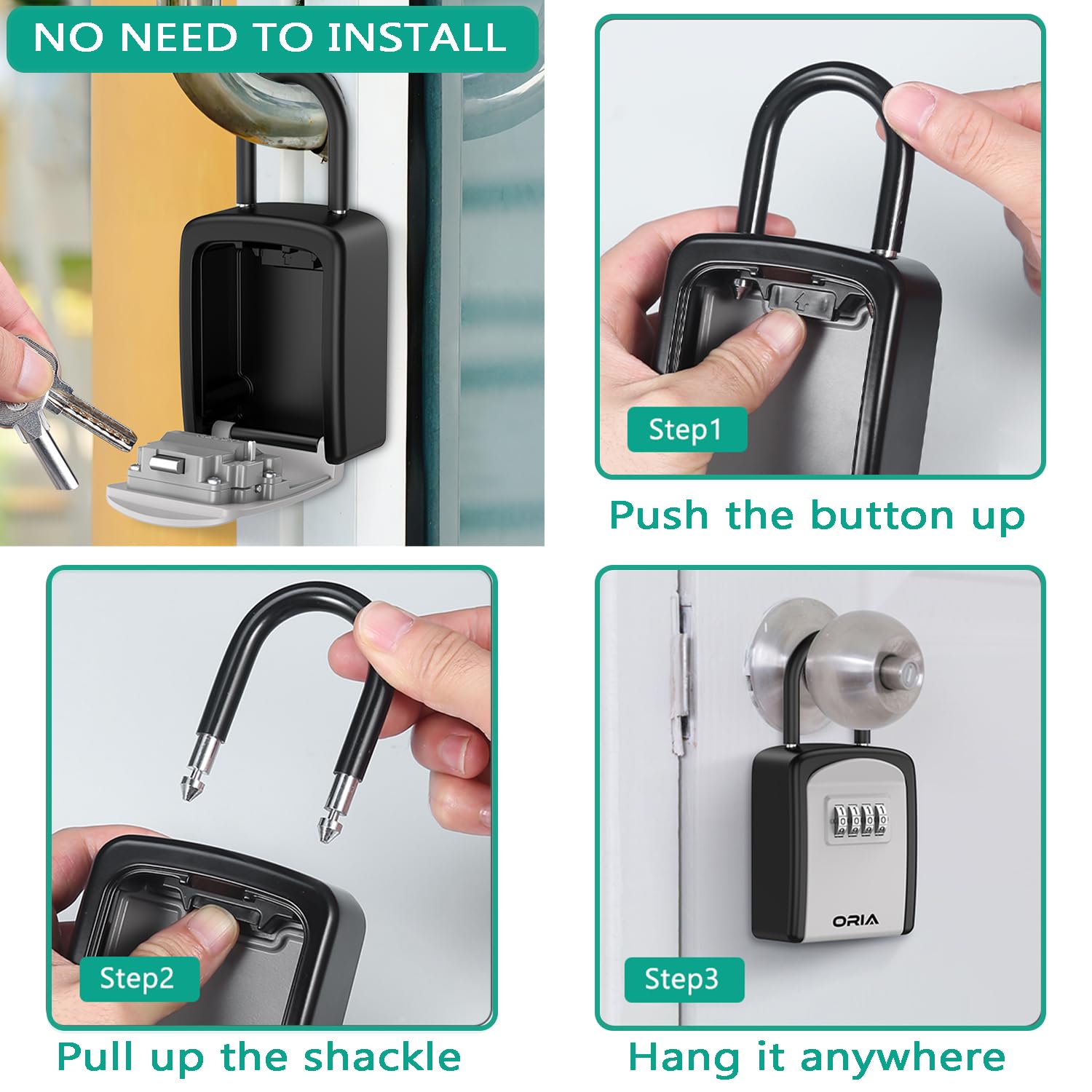 ORIA Key Lock Box, Lock Box for Keys Outdoor with Combination, Shackle, Weatherproof, for House, Hotel or Car - BlackSilver
