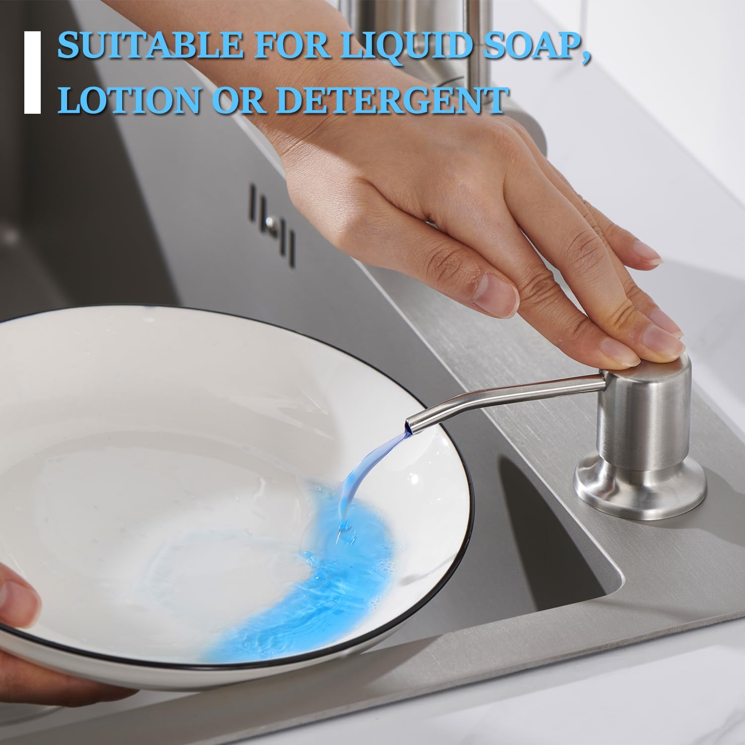 Built in Sink Soap Dispenser Brushed Nickel, Lotion Dispenser for Kitchen Sink Stainless Steel Refill from The Top Sink Soap Dispenser with 13 OZ Soap Bottle