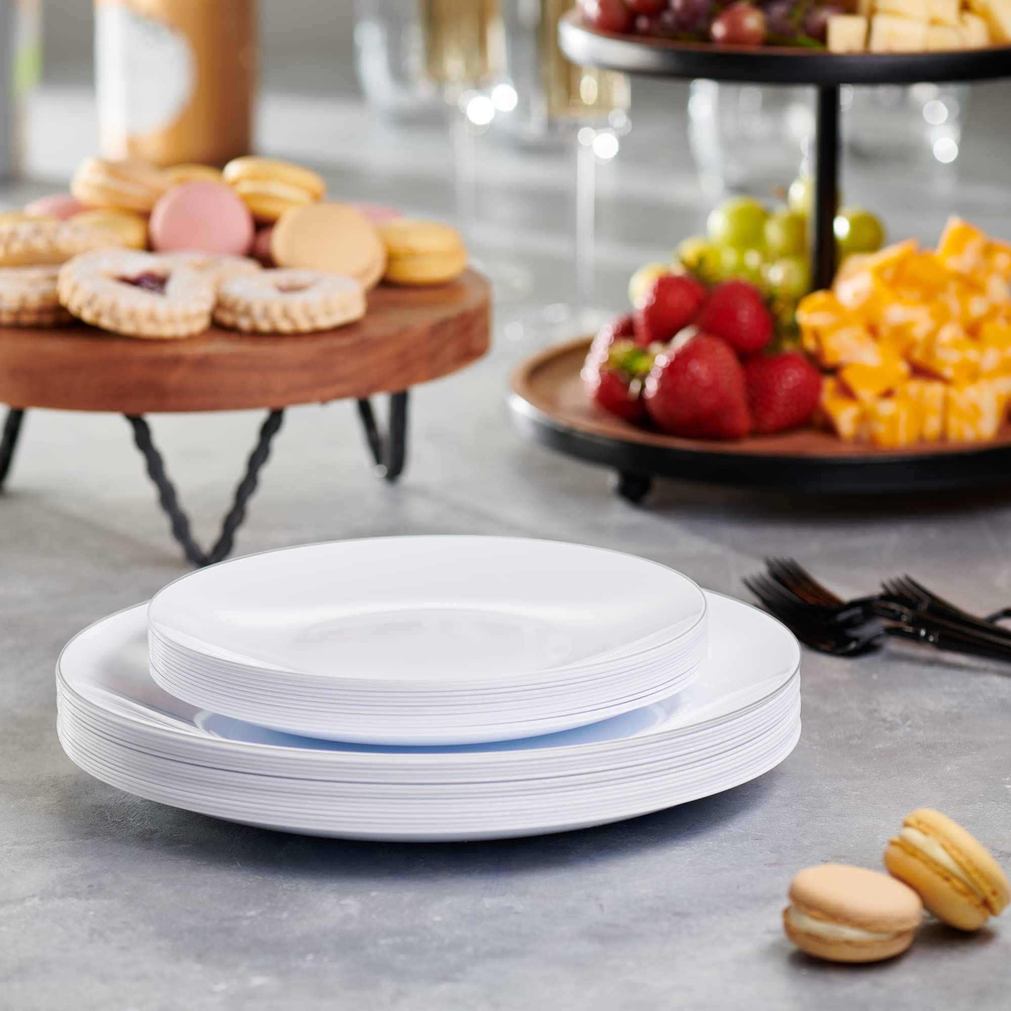 PLASTICPRO 32 Piece Combo Plates Set includes 16-7'' inch Plate & 16-10'' inch Plates White Plates with Silver Rim Plastic PartyPlate Premium heavyweight Elegant, Disposable, Tableware, Dishes,