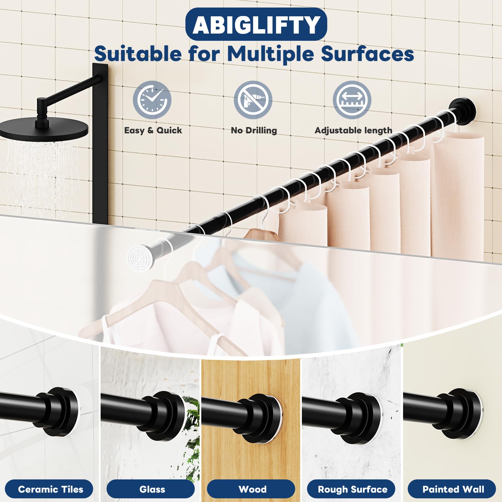 Abiglifty Black Shower Curtain Rod 30~85 Inches, Adjustable Spring Tension Stainless Steel Telescoping Shower Curtain Rods, Non Slip, No Drilling, Sturdy and Durable