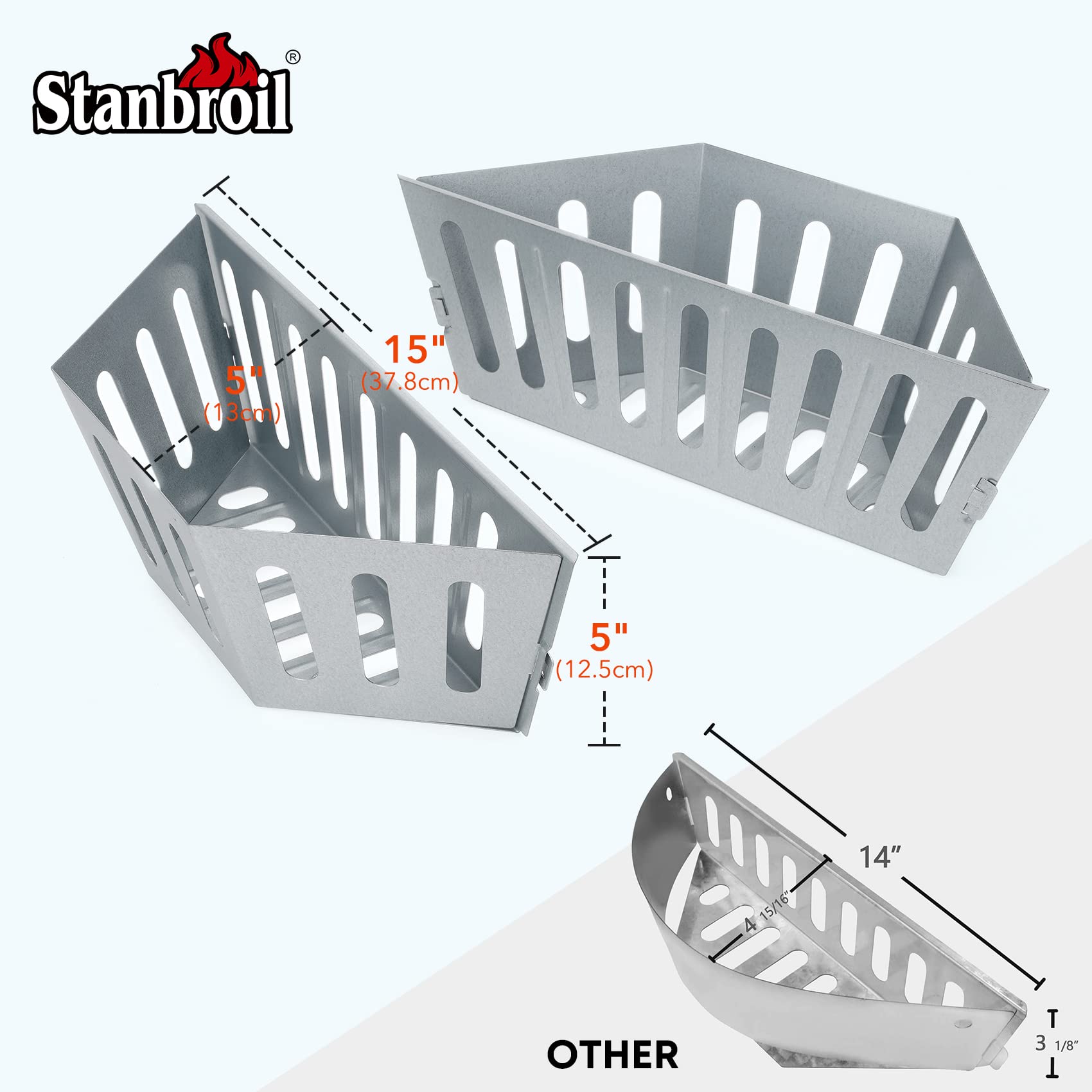 Stanbroil Charcoal Grill Basket Holder, 15" x 5" Charcoal Briquet Holder Replacement for Weber 22" and 26" Charcoal Grills, 2 Pack