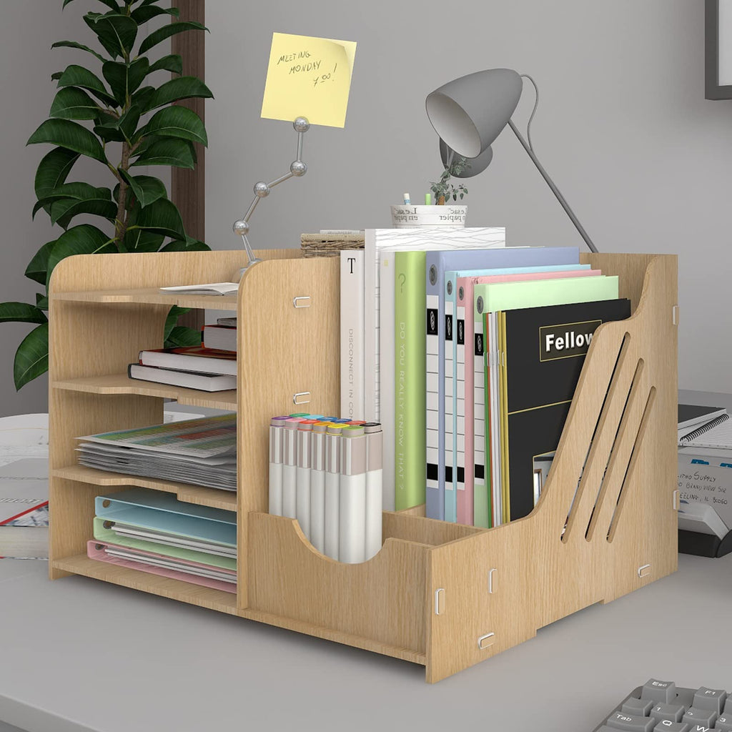 PUNCIA 4 Tier Wooden Desktop Organizer Letter A4 File Rack - Mail Sorter with Vertical & Horizontal File Holder, Tabletop Storage Box for Office Supplies Binders Folders Trays