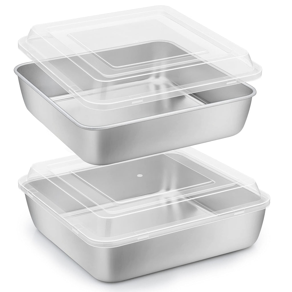 Herogo 8”x 8” Square Cake Pan, Stainless Steel Square Baking Pan with Lid, Cakes Brownie Lasagna Bakeware Set of 2, Healthy & Dishwasher Safe