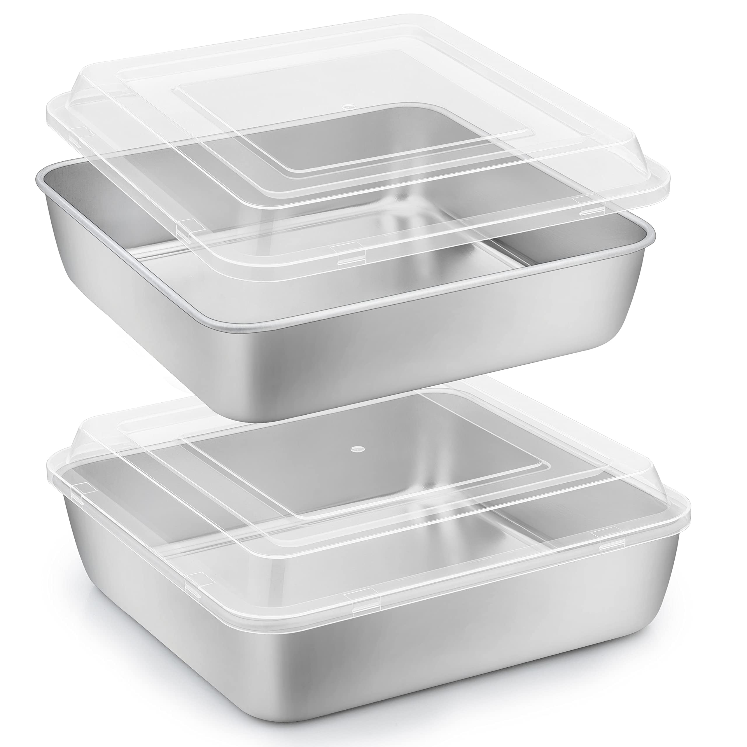 Herogo 8”x 8” Square Cake Pan, Stainless Steel Square Baking Pan with Lid, Cakes Brownie Lasagna Bakeware Set of 2, Healthy & Dishwasher Safe