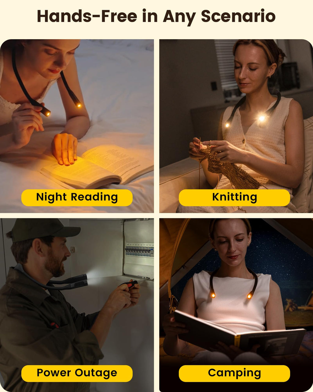 Glocusent Ergonomic Neck Light, 1200mAh 100Hrs Runtime, Eye-Caring Reading Light for Books in Bed, Stepless Colors & 5 Brightness, Rechargeable Book Light for Night Reading, Knitting, Repairing