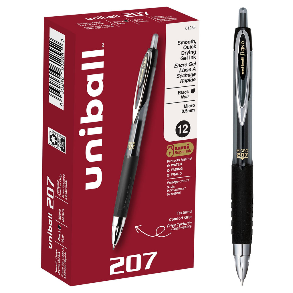 uni-ball 207 Rollerball Gel, Gel Retractable Roller Ball Pen Micro-0.5mm, 12 Pack, Black Ink (1937936)