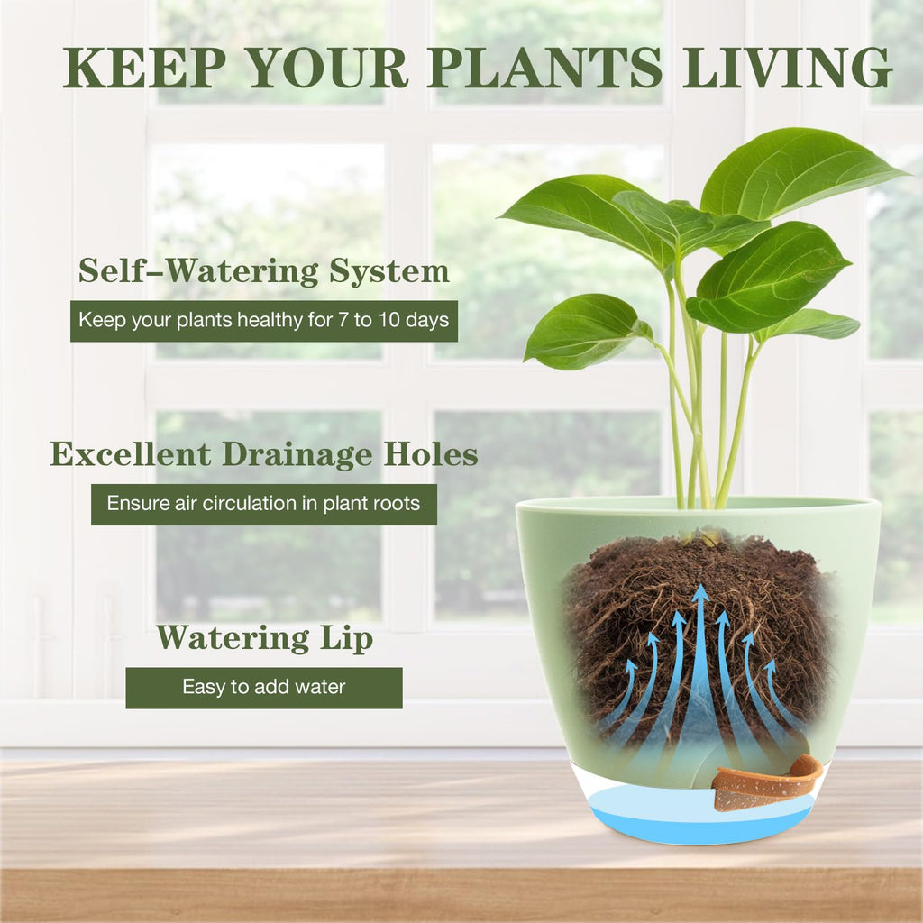 XXXFLOWER 5 Pack Self Watering Planters Plastic Plant Pots with Drainage Holes and Saucer Planting Pots Set for for Indoor Outdoor Plants-Green
