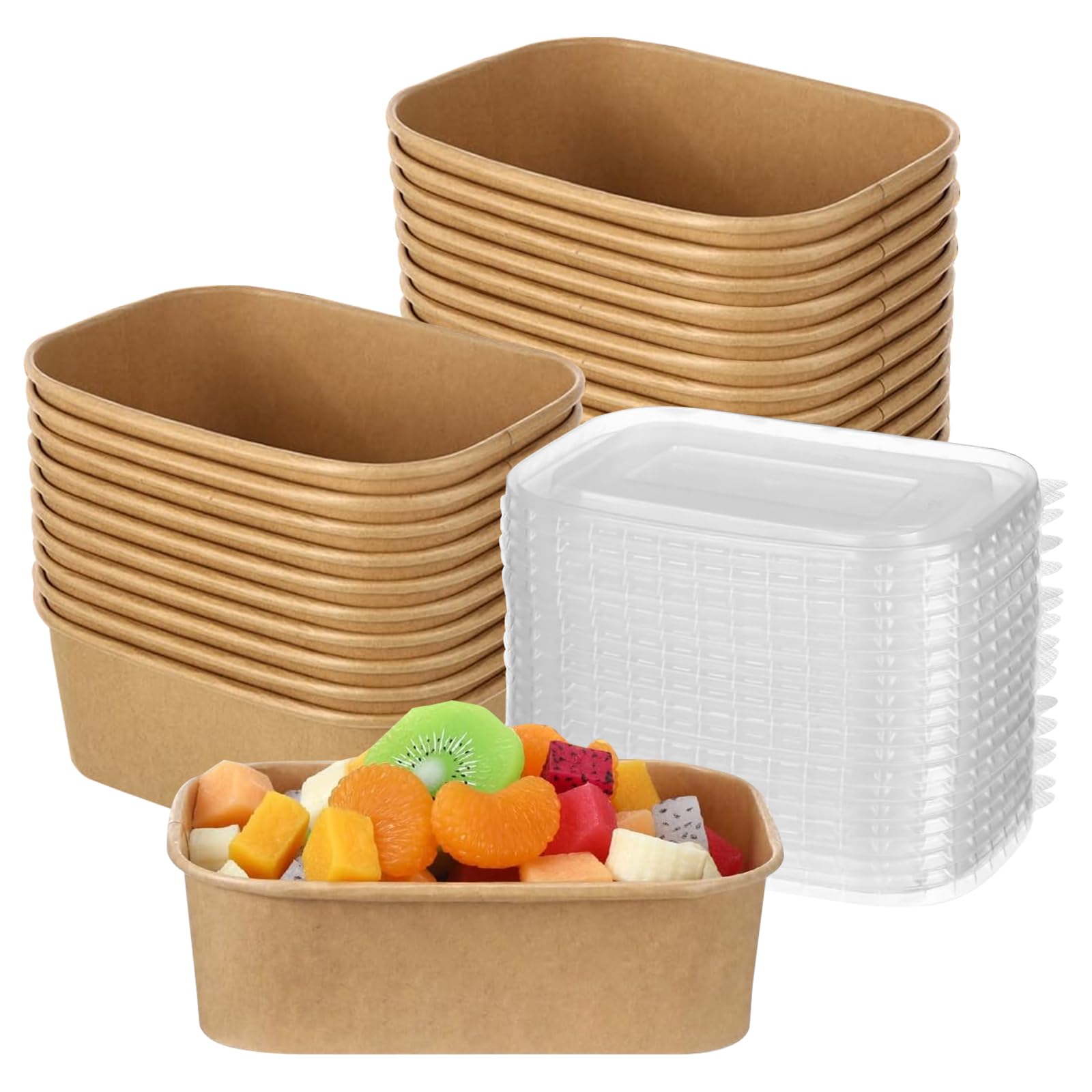 NAA BLUEKIWI 20 Pack 750ML Kraft Disposable Paper Bowls with Lid Eco Friendly Rectangle Food Container BPA Free Lunch Boxes for Hot or Cold Dish Take Outs To-Go