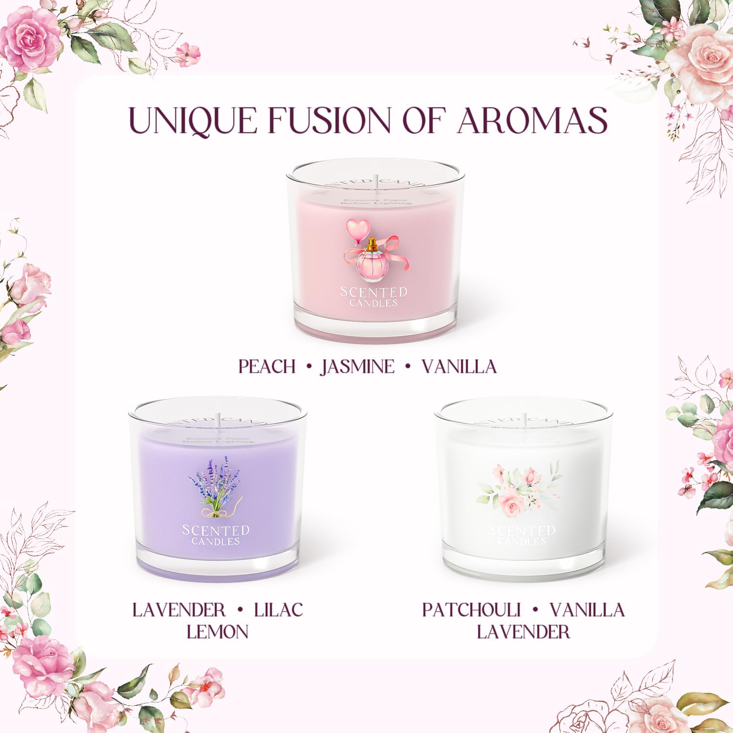 CHILLFLAME Scented Candles, Scented Candle Gift Set for Stress Relief, 3 Votive Candle for Men, Birthday Gifts for Women, Candles for Women (Pink + Purple + White, 7 oz)