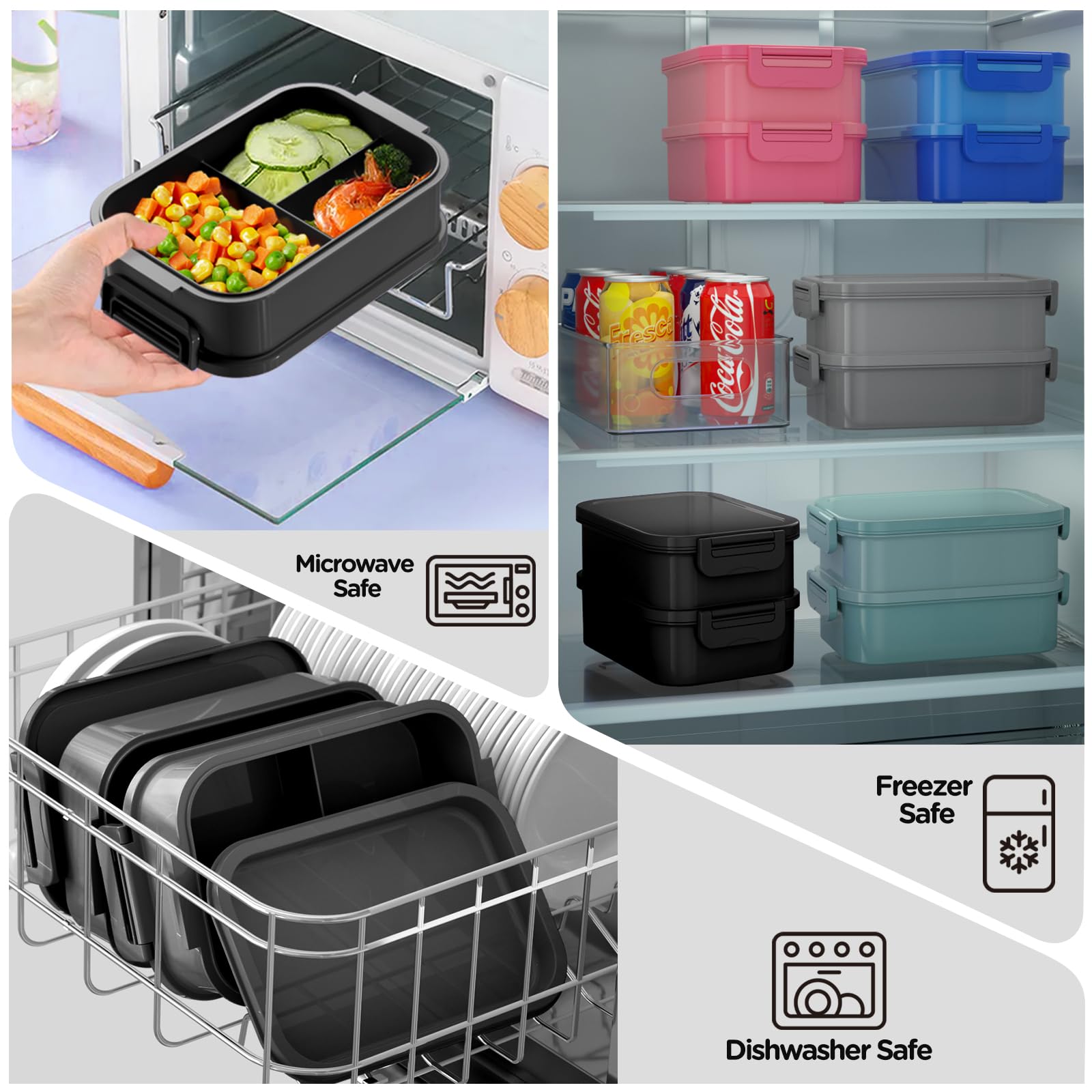 JSCARES Lunch Box Adults Bento Box - All-in-One Stackable 74 OZ Lunch Containers for Adult Large Bento Containers with Fork Spoon Sauce Boxes, Leakproof Lunchbox for Work School Dining Out (Black)