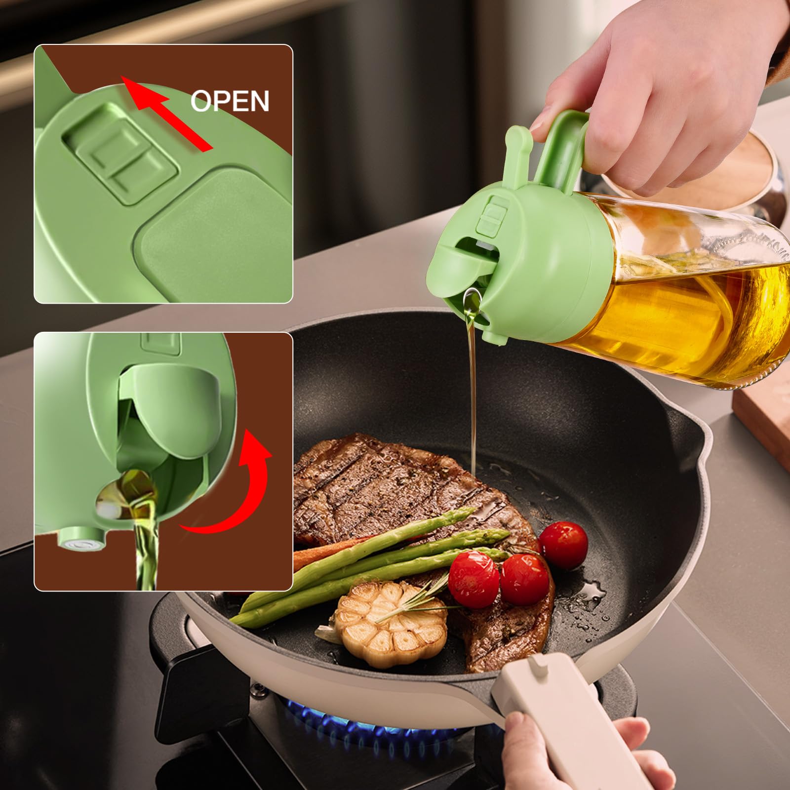 YARRAMATE Olive Oil Dispenser, 2 in 1 Oil Sprayer for Cooking, 16oz/470ml Glass Oil Spray Bottle with Pourer, Food-grade Dispenser for Kitchen, Salad, Frying, BBQ (Black & Green)