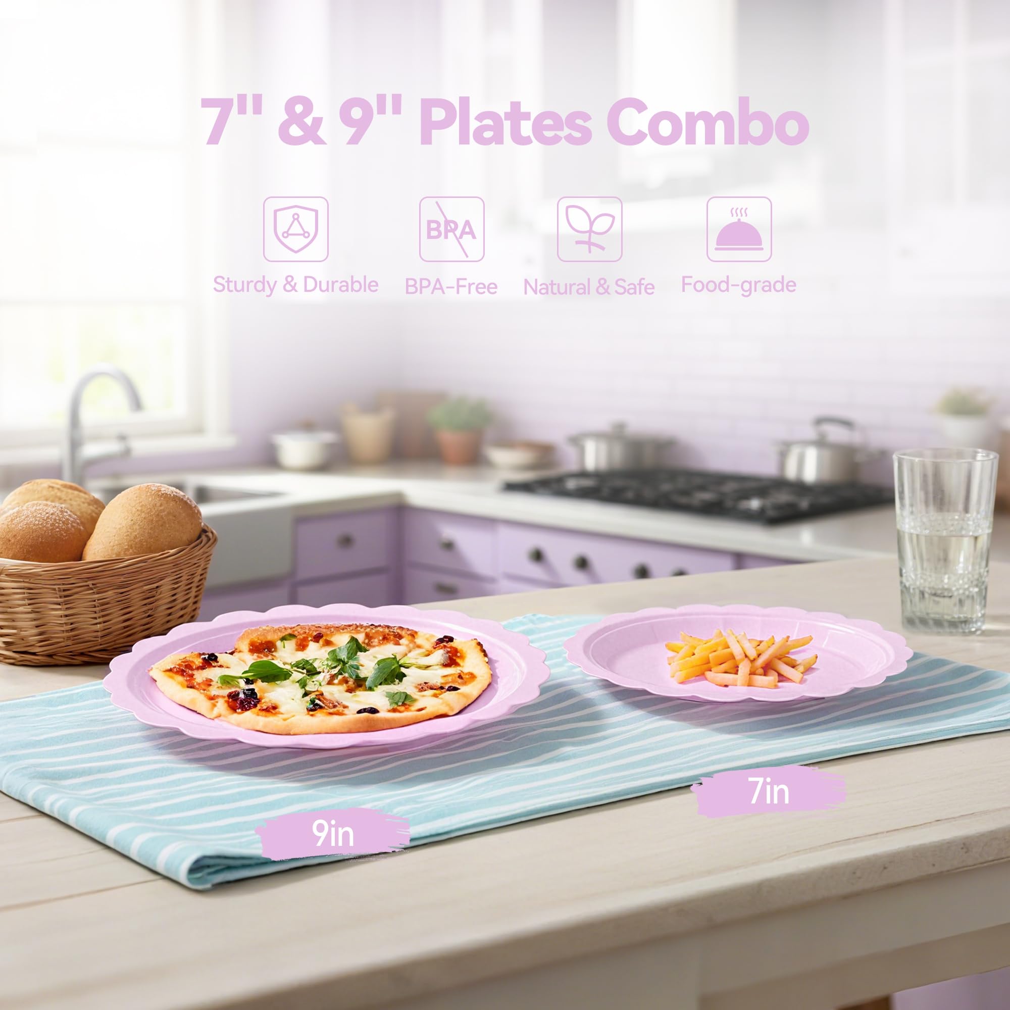 Leafory 50 Pack Disposable Paper Plates Set – Includes 25 7" Dessert Plates & 25 9" Dinner Plates – Heavy-Duty, Eco-Friendly, Perfect for Parties, Picnics, and Events, Purple