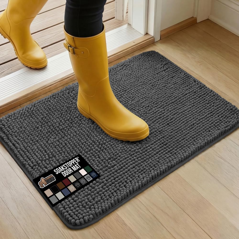 GORILLA GRIP Absorbent Soak Stopper Doormat, Rubber Backing Welcome Mat, Muddy Dog Paws Dirt, Washable Quick Dry Microfiber Chenille Floor Interior Door Mats, Home Décor, 24x17 in Charcoal