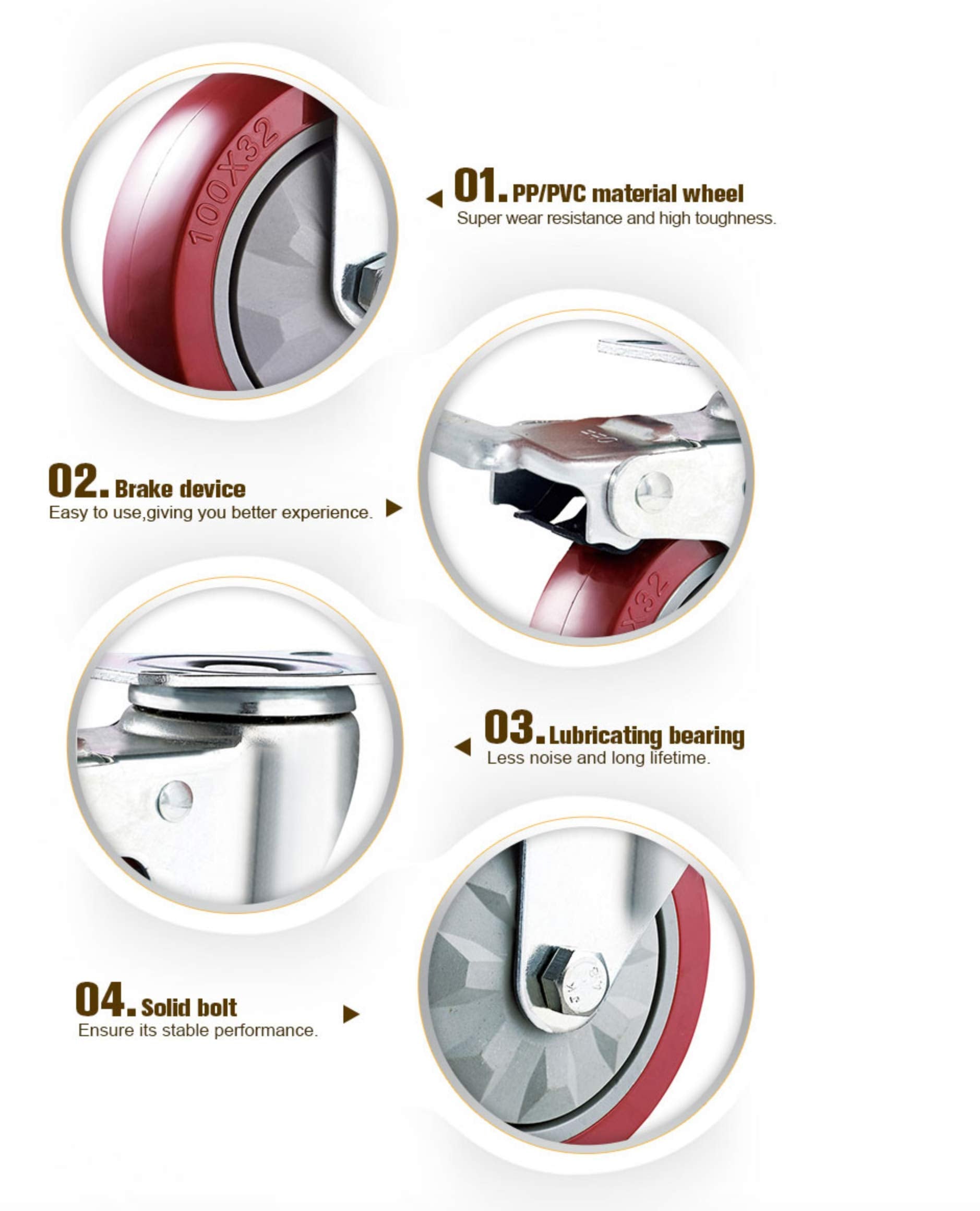 GBL 4" Heavy Duty Caster Wheels Without Brakes + Screws - up to 1320Lbs - Set of 4 No Floor Marks Silent Castor for Furniture - Rubbered Dolly Swivel Wheels - Silver Casters
