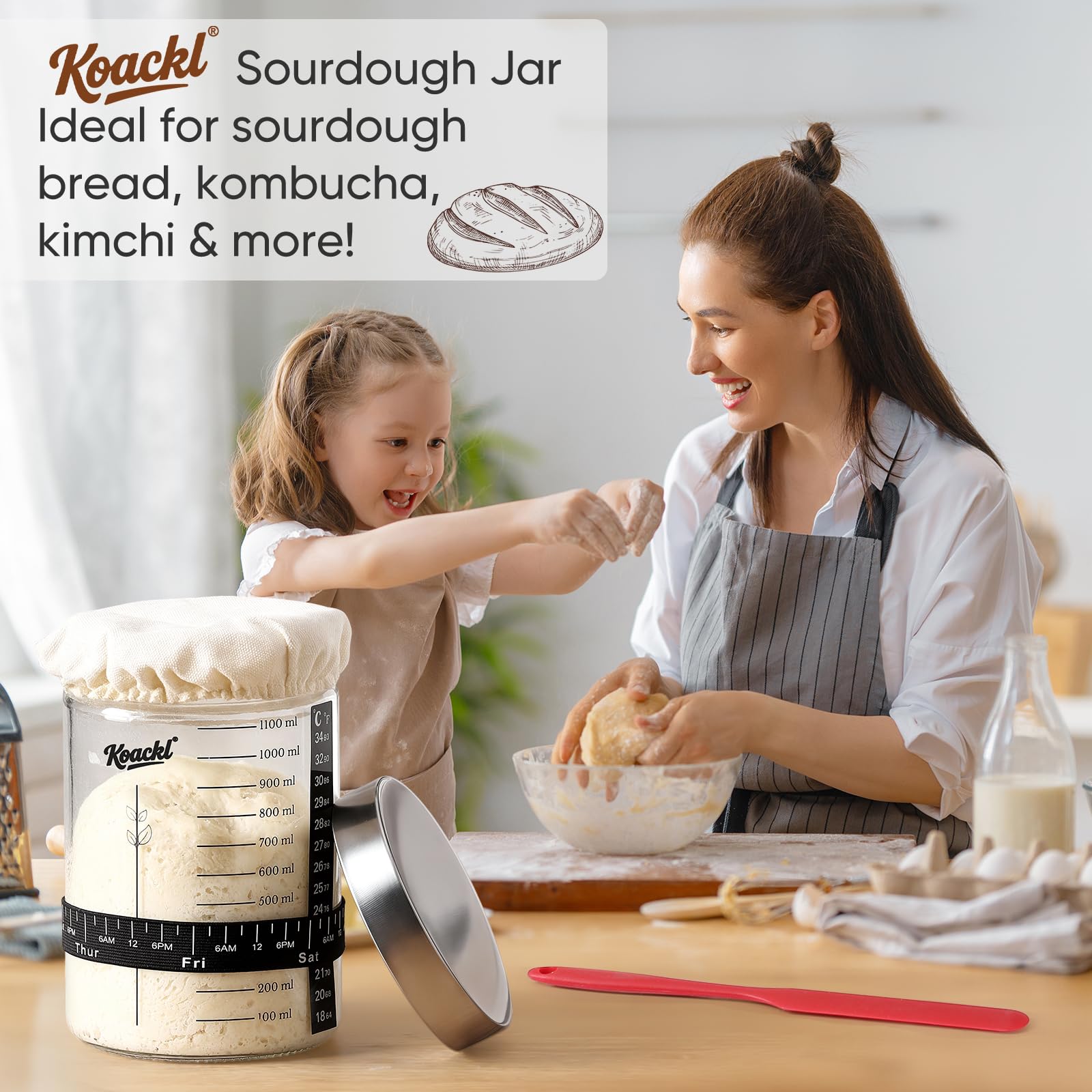 KOACKL Sourdough Starter Jar, 40oz/1200ml Sourdough Starter Kit with Magnetic Bread Lame, Thermometer, Long Scraper, Cloth Cover & Lid for Sourdough Bread Baking Supplies
