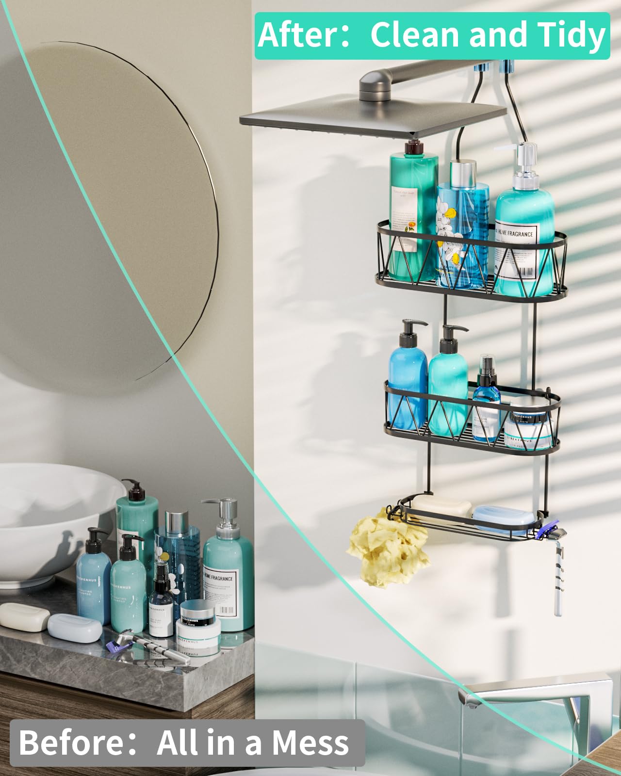 HapiRm Over Head Shower Caddy, Rustproof & Waterproof Shower Caddy Hanging with with Soap Holder & 4 Hooks, No Drilling Bathroom Shelf Organizer Hanging for Shampoo, Soap