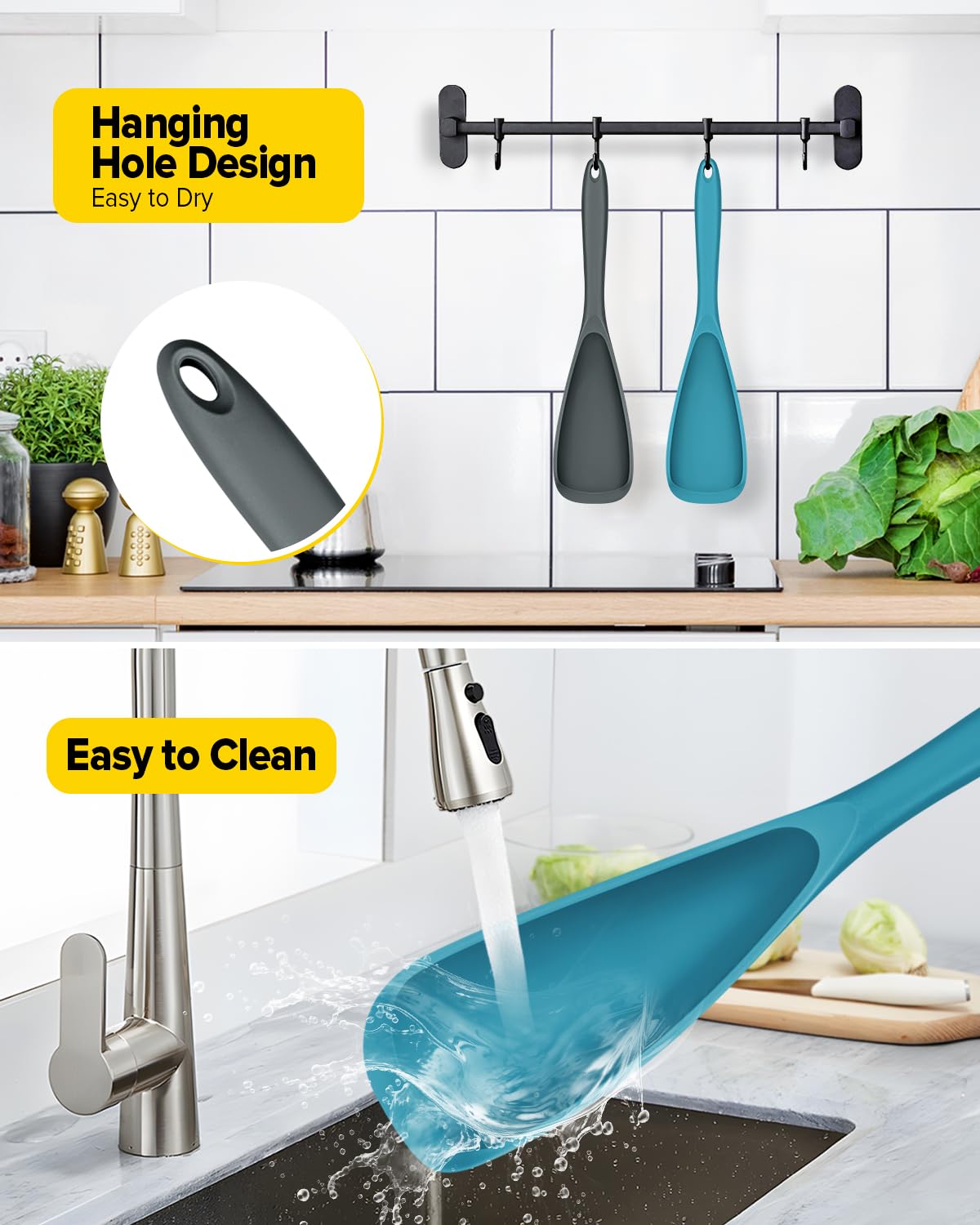 Pack of 2 Cooking Spoons for Non Stick Cookware, Multifunction Spatula Spoon BPA-Free, One-Piece Design, Suitable for Scooping, Scraping, Serving and Mixing (Gray-Blue)