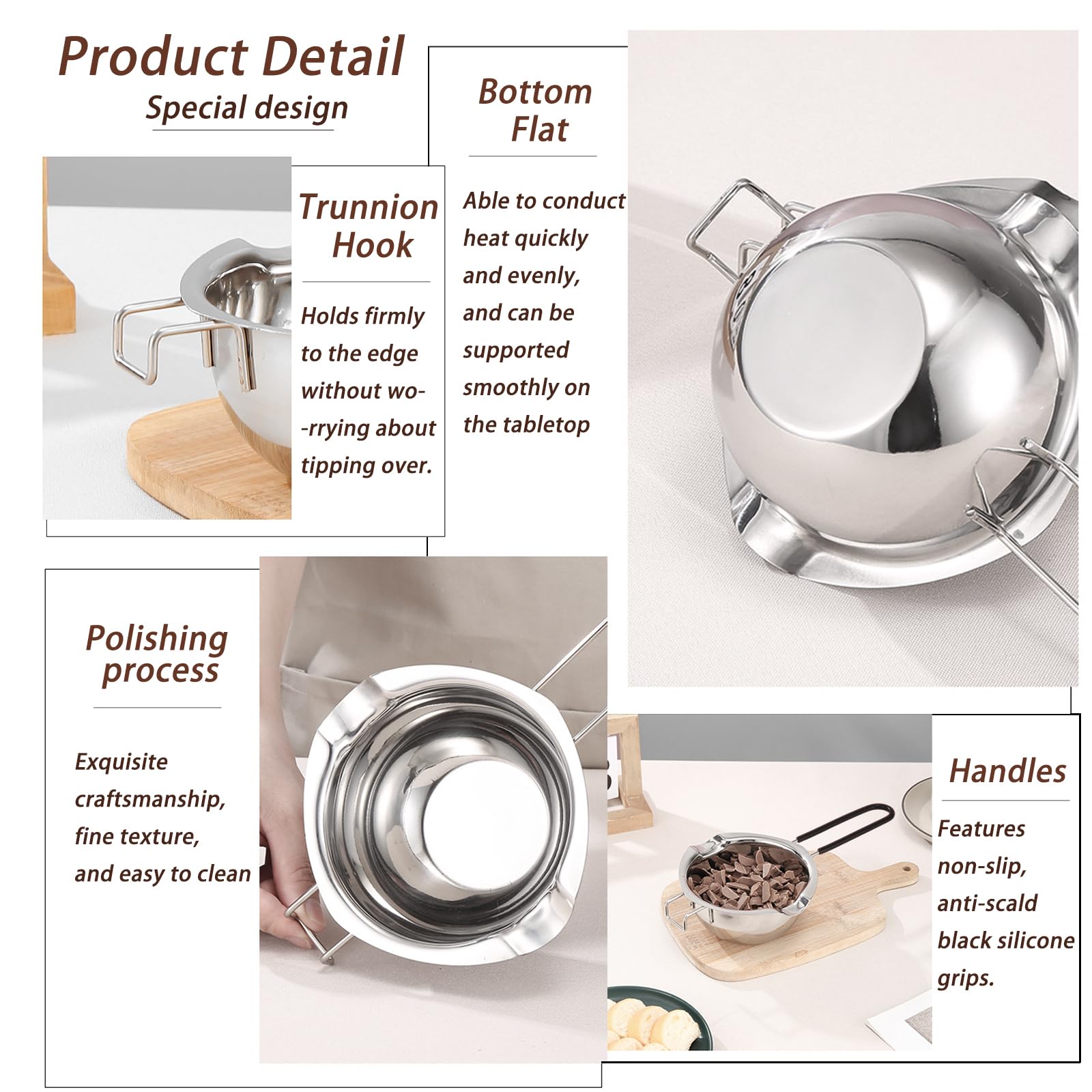 Uhuida 600ml Double Boiler, 304 Stainless Steel Bain Marie, Chocolate Melts Pot with Stirring Spoon, Stove Top Double Boilers for Butter, Candy, Cheese, Candles(Silver)