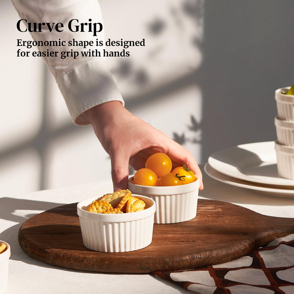 DOWAN 8 oz Ramekins for Creme Brulee Porcelain Oven Safe, Classic Style Souffle Ramekins for Baking, Bowls Set of 6, White