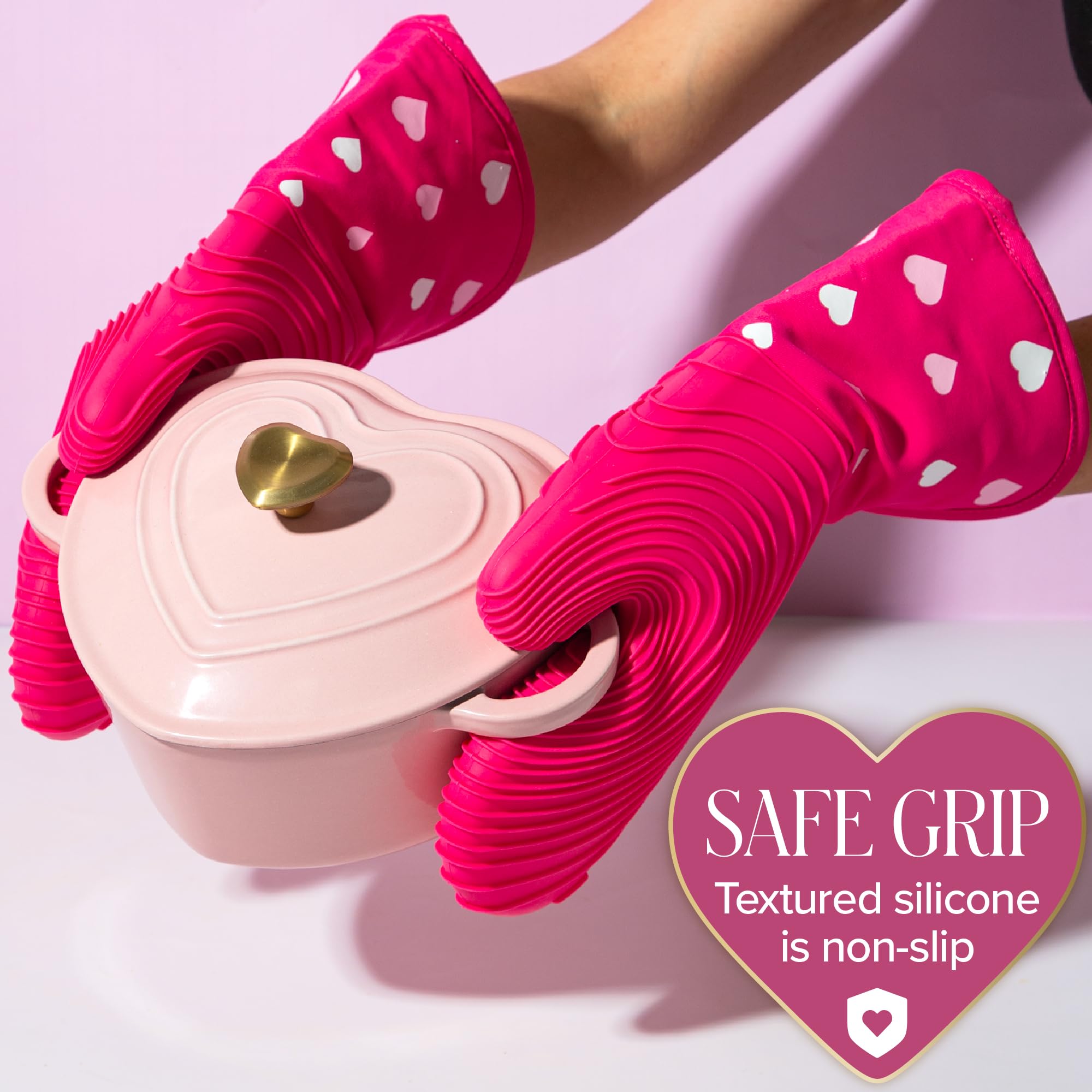 Paris Hilton Oven Mitt Set with Heart Design, Heat Resistant Pot Holders Featuring Non-Slip Textured Silicone Grips, 2-Piece Set, Pink