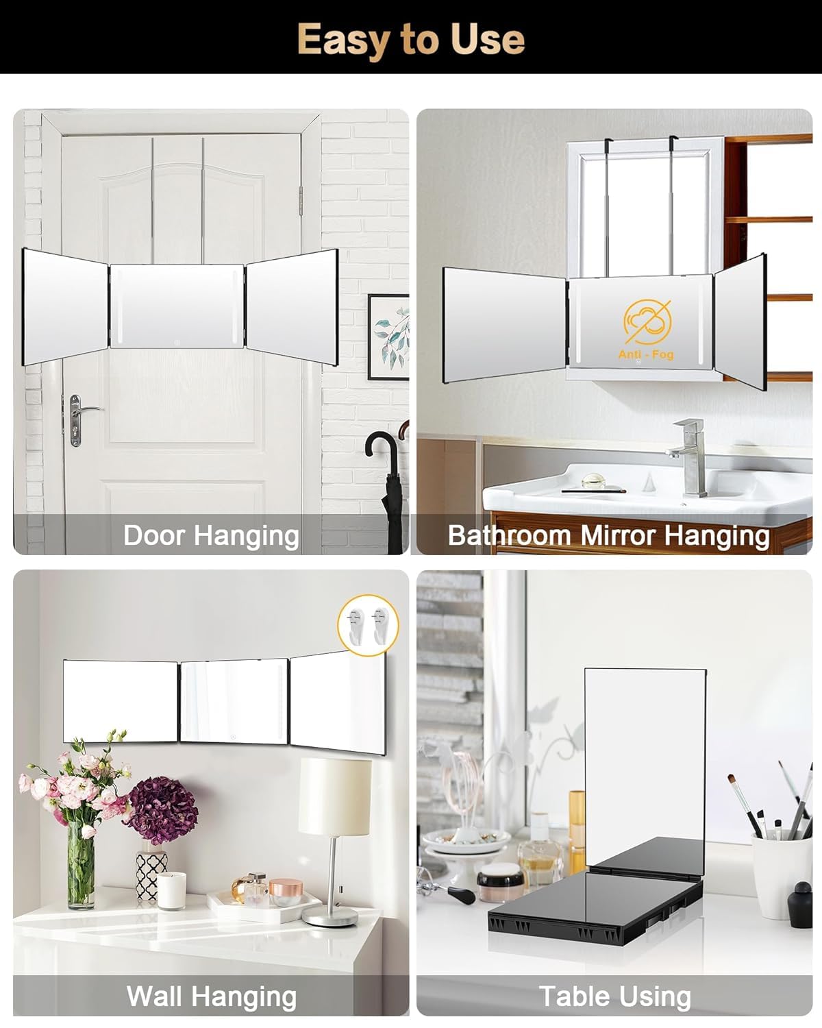3 Way Mirror for Self Hair Cutting, 360 Trifold Self Haircut Mirror 3 Sided Makeup Mirror to See Back of Head with Height Adjustable Hooks, for Hair Cutting, Makeup, Shaving, Braiding, Styling