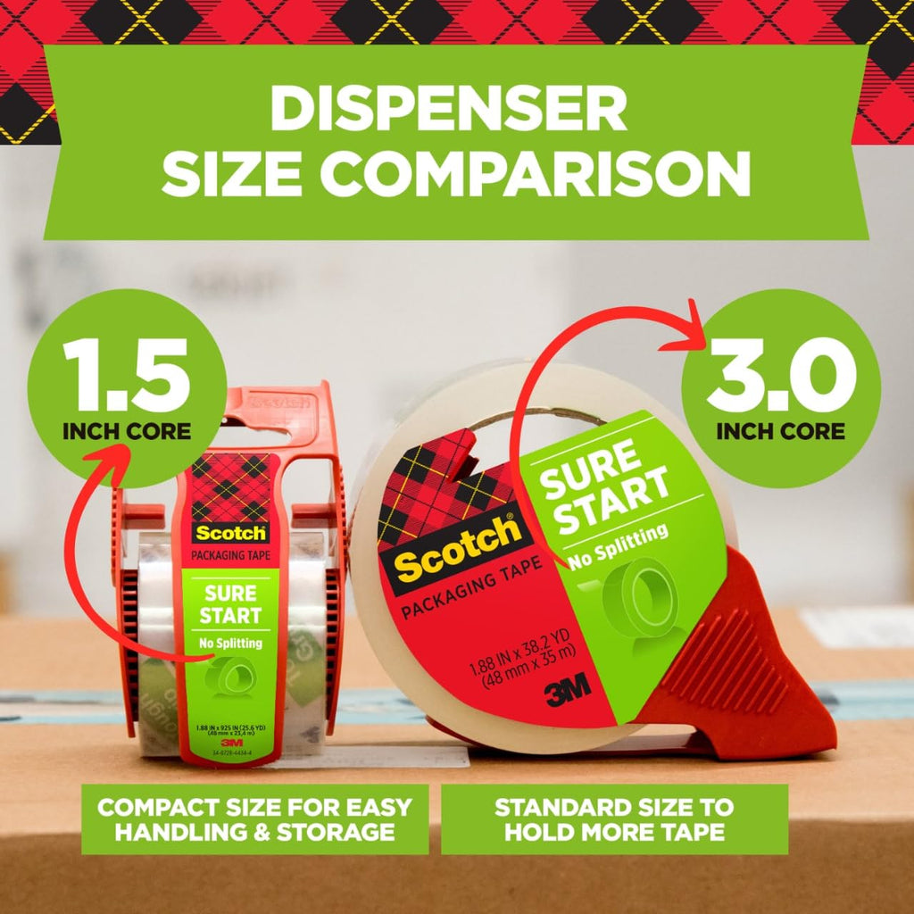 Scotch Sure Start Shipping Packaging Tape, 1.88" x 22.2 yd, Designed for Packing, Shipping and Mailing, Quiet Unwind, No Splitting or Tearing, 1.5" Core, Clear, 6 Dispensered Rolls (145-6)