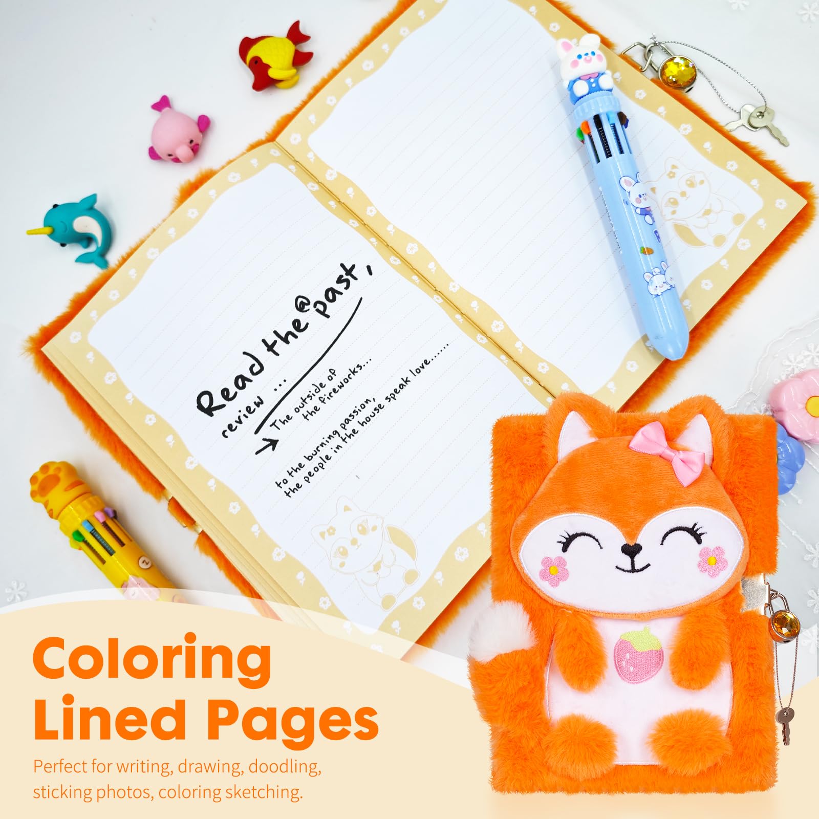 Fox Diary for Girls with Lock, Plush Fox Toys Gift for Teen Girls, Kids Fox Writing Journal Notebook, Birthday Gifts for Little Girls Ages 5 6 7 8 9 10-12 Year Old