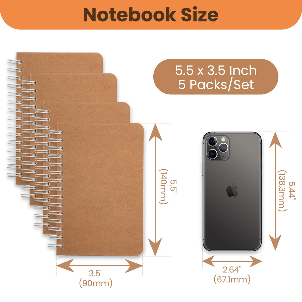 Spiral Notebook, 5 Pack Aesthetic Notebooks Spiral Journal Notepad Kraft Cover Lay Flat Sketchbook Journals for Writing Drawing Note Taking, 3.5”x5.5”, 180 Ruled Pages, 90 Sheets