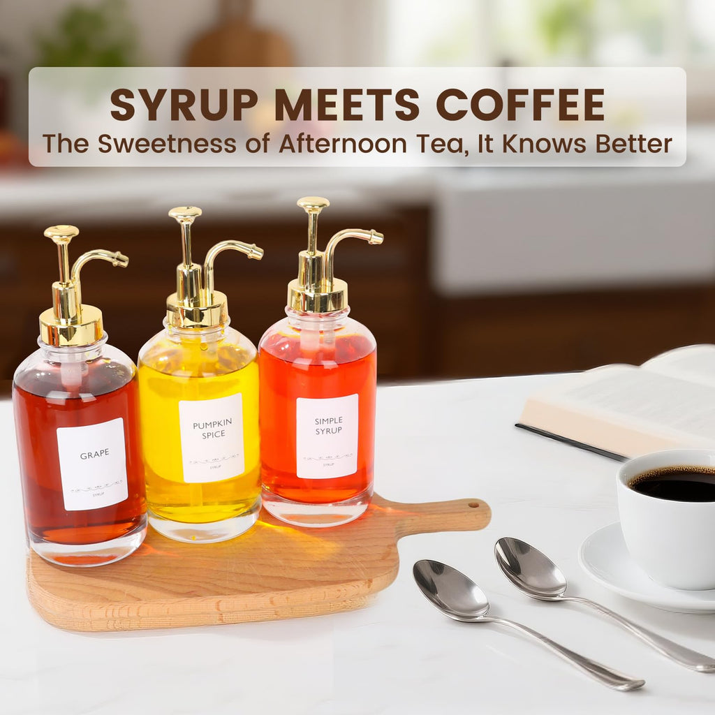 16.9oz Coffee Syrup Dispenser 4Pack- Glass Syrup Dispenser Kit for Coffee Bar Accessories for Home Coffee Bar/Premium Labeled Barista Kit, Gold