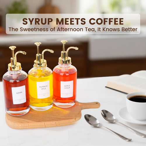 16.9oz Coffee Syrup Dispenser 4Pack- Glass Syrup Dispenser Kit for Coffee Bar Accessories for Home Coffee Bar/Premium Labeled Barista Kit, Gold