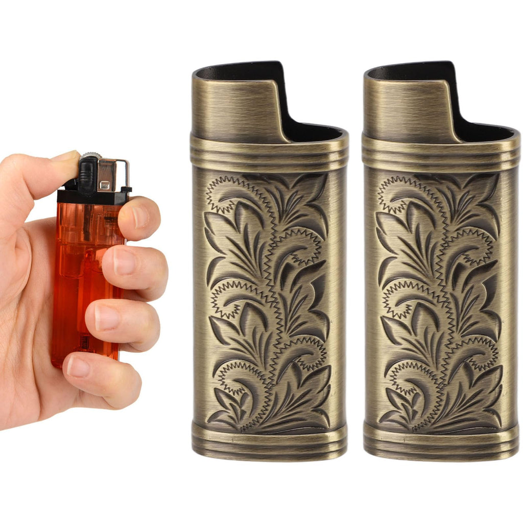 Metal Lighter Case Cover Holder Vintage Floral Stamped, 2pcs Retro Lighter Case Compact 3D Floral Stamped Engraving Zinc Alloy Protective Case Cover(Bronze)