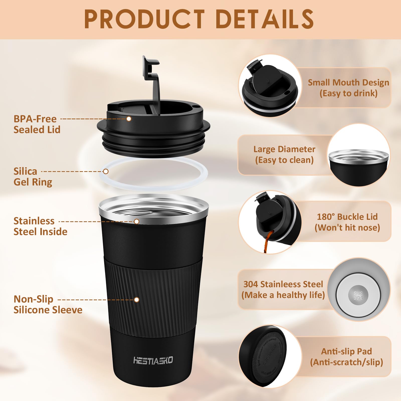 Hestiasko 17 oz Coffee Mug, Double Walled Vacuum Travel Mug, Leakproof Travel Coffee Mug with Lid, 304 Stainless Steel Insulated Coffee Mug for Hot Ice Coffee Cola Milk Tea(510ml, Black