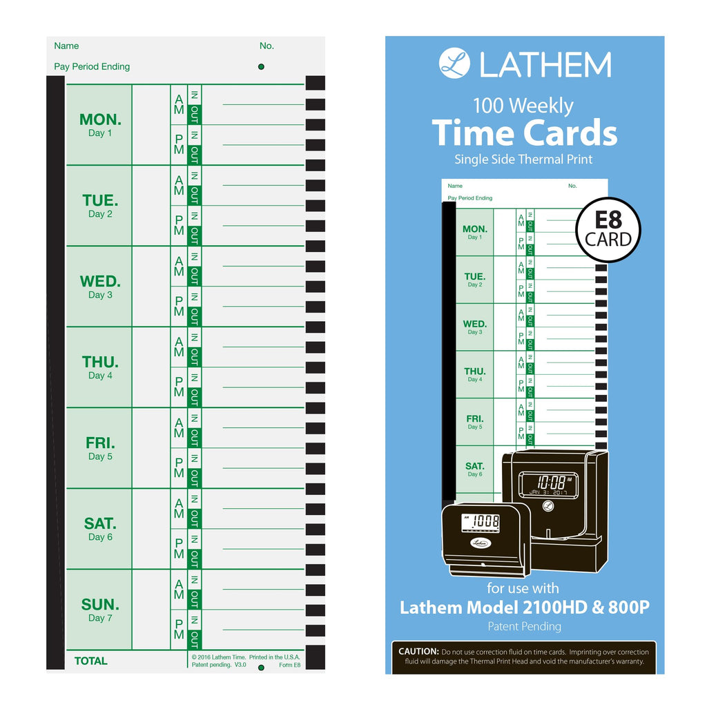 Lathem Time Cards, Thermal, Weekly, 100 per Pack, White (LTHE8100)
