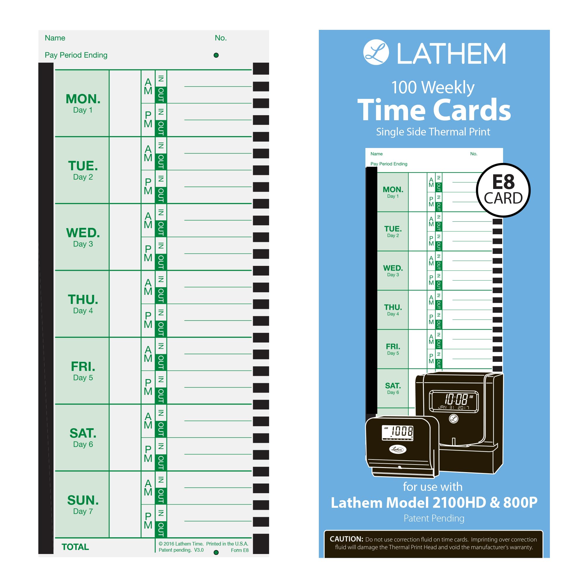 Lathem Time Cards, Thermal, Weekly, 100 per Pack, White (LTHE8100)