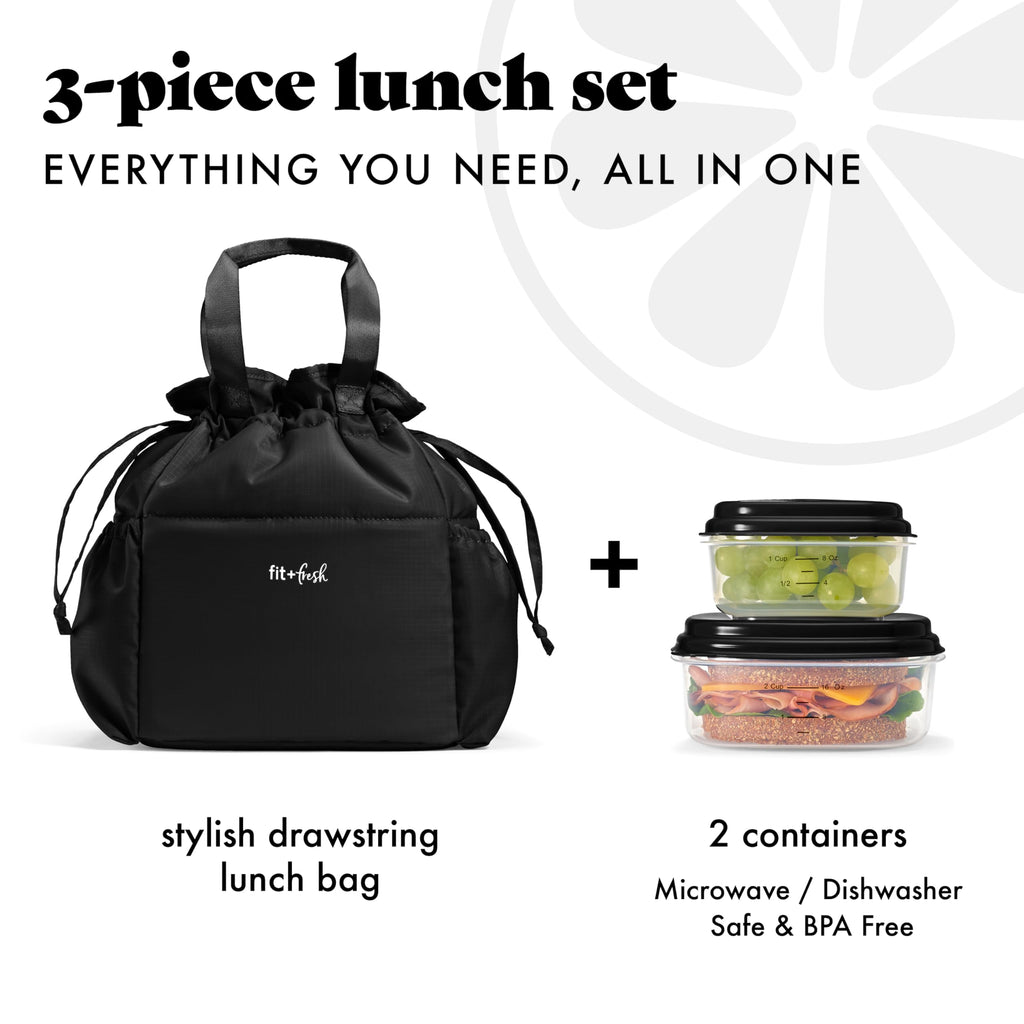 Fit & Fresh Lunch Bag for Women, Insulated Womens Lunch Bag for Work, Stain-Resistant Large Lunch Box for Women with Containers, Cinch Closure Cromwell Bag, Black
